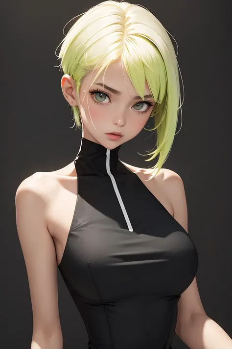 (masterpiece, best quality), 1girl, Neon Yellow Tousled Top with Taper Fade, big breasts, <lora:wh1t3b0w:1> wh1t3b0w, black dress, white bow,