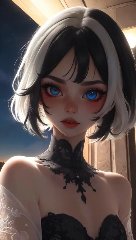 Short hair,Hair Ornament,{{Best Quality}, {{masutepiece}}, {hight resolution}, Original, , highly detailed wallpaper, a cute ,((White cat ears)){extremely delicate and beautiful},1girl in,Extremely detailed,Blue hair,hair messy,{lightsmile},{Military uniform},{Portrait},{Red Eyes},large full breasts,Cute , Detailed , Dramatic Angle,Slim body,Perfect body,{magia},depth of fields,large full breasts,sexy  pose,barechested,Emphasis on the chest、breastsout