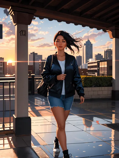 a woman walking in a serene cityscape at dawn, captured in ultra-photorealistic detail,