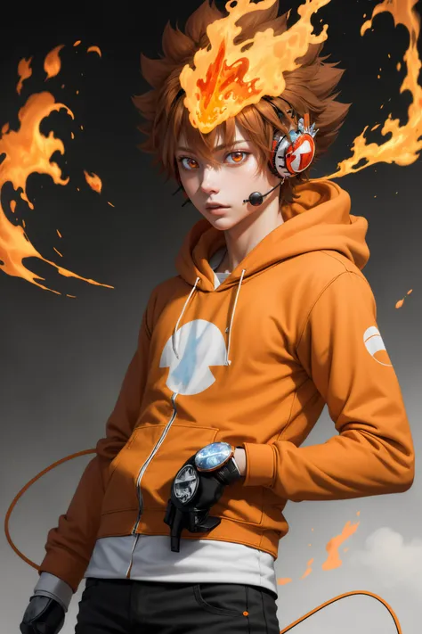 masterpiece, best quality,   <lora:Tsuna_Reborn2:0.8> intricate detail, (((skinny))),    tsuna sawada, flame headwear, headphones, brown eyes,  upper body, wind, floating hair, flame, Orange hoodie with flame print, reborn,  katekyo hitman reborn!,aura,  <lora:age_slider_v6:-2>