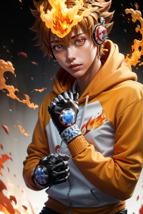 masterpiece, best quality,   <lora:Tsuna_Reborn2:1> intricate detail,  tsuna sawada, flame headwear, headphones, brown eyes,  upper body, wind, floating hair, flame, Orange hoodie with flame print, reborn,  katekyo hitman reborn!,