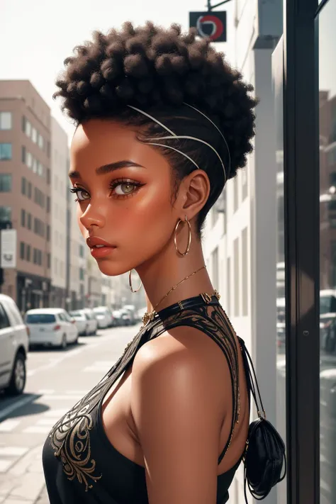 a portrait of a fashion-forward biracial woman, setting trends in the urban fashion scene, from side,
masterpiece, best quality, intricate detail, high environment detail,