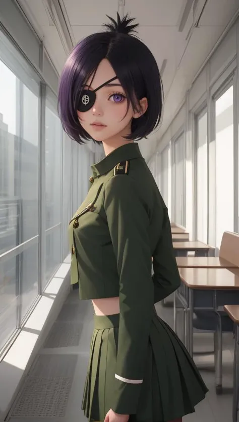masterpiece, best quality, intricate detail, <lora:chrometest:1> chrome dokuro, black hair, eyepatch, (purple eyes:1.1), short hair,, crop top, eyepatch, school uniform, serafuku, skirt, green uniform,