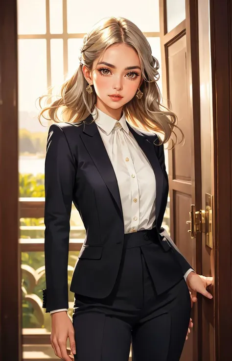 a ((mature female)), exuding timeless elegance in a tailored pantsuit, her silver waves arranged in a classic updo, enhanced by warm brown eyes and gracefully arched eyebrows, projecting timeless grace and confidence, closed mouth,
masterpiece, best quality, intricate detail, depth of field, high contrast, volumetric lighting