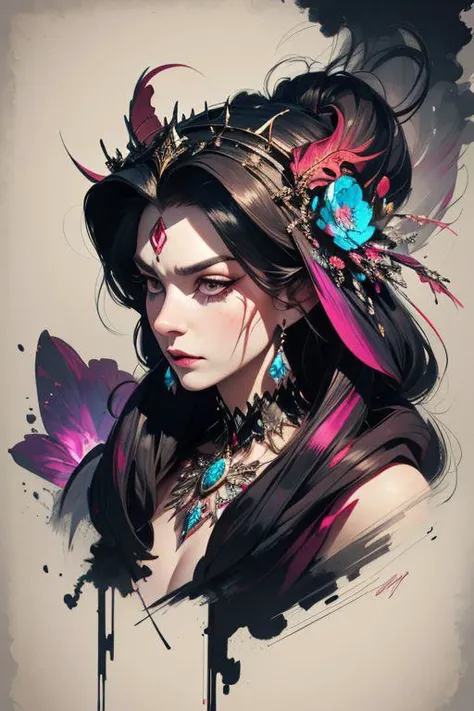 Concept art portrait of the most evil woman in the universe, as beautiful as she is evil, extravagant headdress, ultra detailed, cinematic, Sharp focus, big depth of field, Masterpiece, colors, fractal art, painterly, concept art, trending on artstation, hyperrealistic, Vivid colors, extremely detailed, intricatedetails