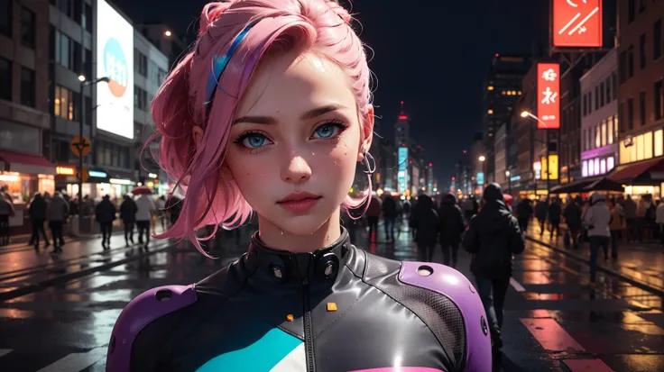 Create an image of a young woman in a futuristic urban environment at night. The setting depicts a city filled with bright skyscrapers and rain-soaked streets. The lighting comes from billboards and neon lights that illuminate the wet pavement, creating a vibrant and colorful atmosphere. The protagonist is wearing a sleek and futuristic outfit with metallic details and bright colors. Her gestures are dynamic, as if she is running or jumping, and her hair stands out with a striking color such as vibrant pink or electric blue. Her eyes are large and expressive, and they can have shades like light blue, bright green, or violet. In the background, tall buildings with illuminated windows, floating holograms, and futuristic advertisements can be seen. The color palette is vibrant, including shades of pink, purple, blue, green, and orange. Make sure to incorporate technological details into the city's architecture, such as flying vehicles and street food stalls with eye-catching signs. (realistic, photo-realistic:1.5),(8k, raw photo, best quality, masterpiece:1.2),(photorealistic:1.4),(sharp focus:1.2),ultra high res,(detailed skin:1.3),(cinematic lighting:1.3),<lora:epi_noiseoffset2:1>