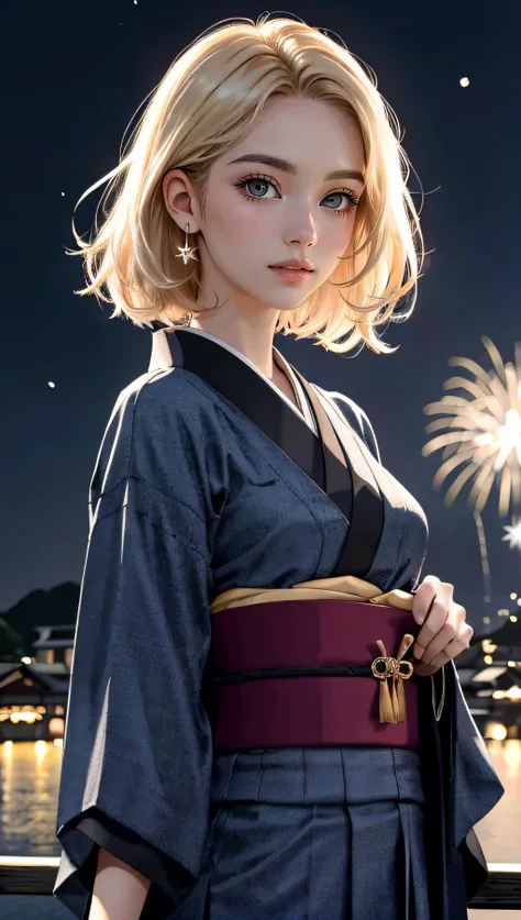 (best quality, masterpiece, colorful, dynamic angle, highest detailed) Realistic photo, fashion photography of a cute European girl with iridiscent blonde hair, flirting with POV, in traditional japanese gold&black kimono, ultra detailed kimono textures, perfect night, kyoto, fireworks, (intricate details, hyperdetailed:1.15), detailed, moonlight passing through hair, (official art, extreme detailed, highest detailed), HDR+