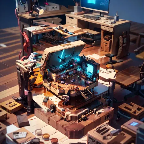Tiny cute isometric room, computer case, surrounded by spare parts, soft smooth lighting, soft colors, 100mm lens, 3d blender render  <lyco:miniature_V1:1> <lora:add_detail:0.5>