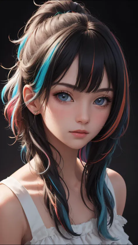 perfect portrait, (masterpiece:1.1), (highest quality:1.1), (HDR:1.0), girl with really wild hair, multicolored hairlighting, (from front:0.6),