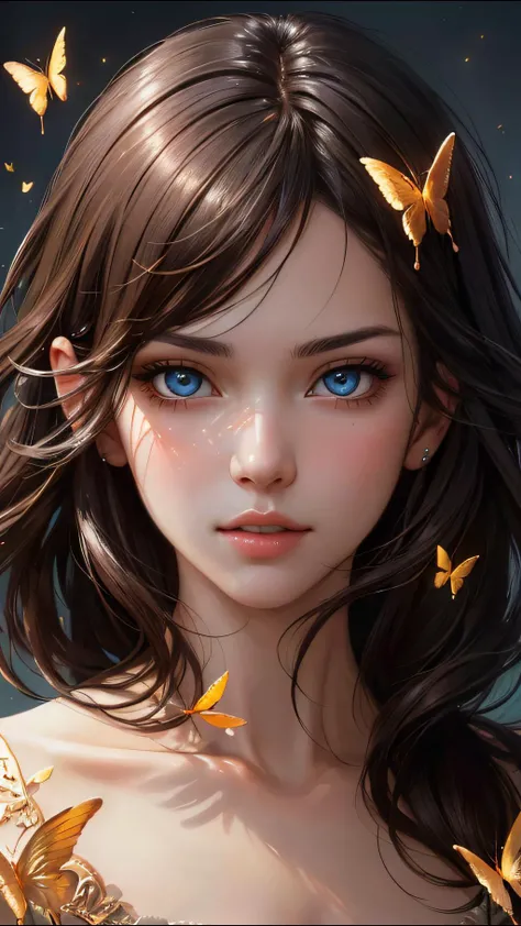 (Perfect face) 8k portrait of beautiful cyborg with brown hair, intricate, elegant, highly detailed, majestic, digital photography, art by artgerm and ruan jia and greg rutkowski surreal painting gold butterfly filigree, broken glass, (masterpiece, sidelighting, finely detailed beautiful eyes: 1.2), hdr, <lora:more_details:0.2>