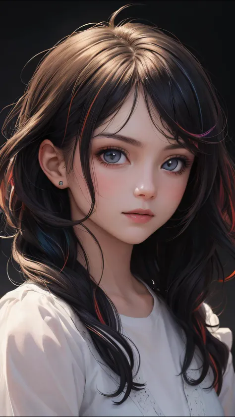perfect portrait, (masterpiece:1.1), (highest quality:1.1), (HDR:1.0), girl with really wild hair, multicolored hairlighting, (from front:0.6),
