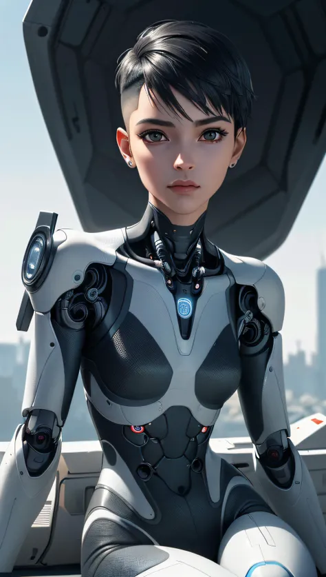 (best quality, masterpiece, perfect face, perfect smooth skin texture, detailed simmetric eyes, beautiful shining hair), cute 20 years old android girl, cyborg, robotic parts, vibrant details, luxurious cyberpunk, lace, hyperrealistic, anatomical, cable electric wires, microchip, elegant, beautiful background, octane render, H. R. Giger style, 8k,  extremely detailed, CG, unity, (realistic, photo-realistic:1.37), full body, sitting, high contrast colors, (hi-top fade:1.3), (hyperrealism, soft light, dramatic light, sharp, HDR)