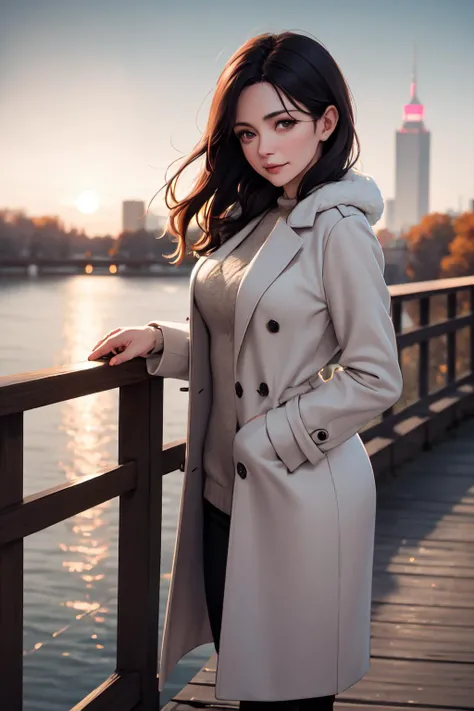 middle-aged english woman standing on a bridge looking over the edge. dawn, autumnal. volumetric light. cold, overcoat. 35mm f/1.8 bokeh, shallow depth of field.