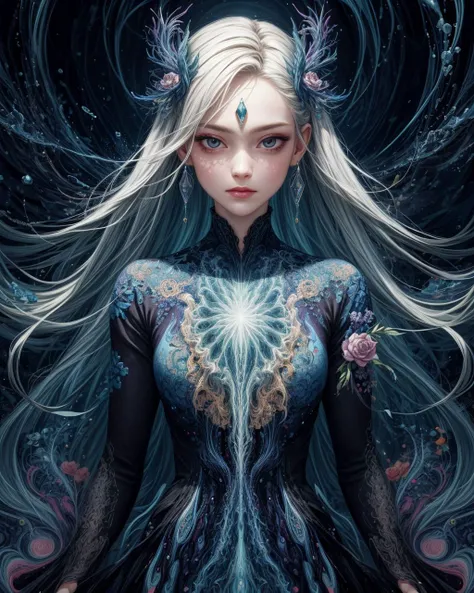 sharp focus, highly detailed, masterpiece, intricate, beautiful woman, long sleeve, aline dress, (fractal), psychedelic, abstract concept, splash <lora:add_detail:1.1>