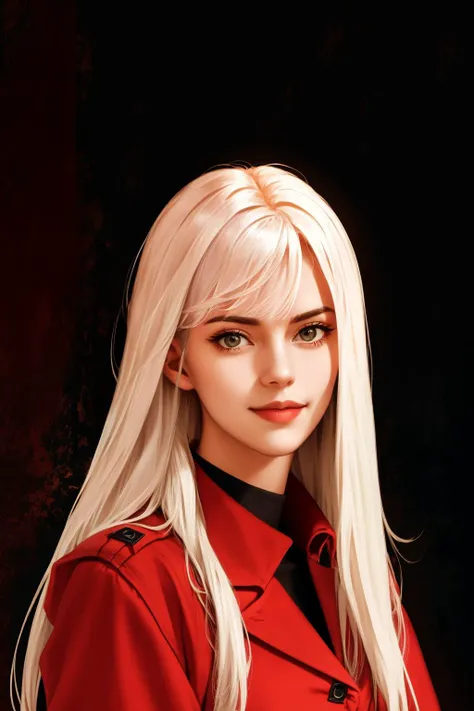 a photo of woman mia, majestic, platinum blonde hair, (smug:0.9), (red coat:0.7), black background, (extremely detailed), (soft rimlight:0.25), high quality, high resolution, very coherent, clear focus, well defined, <lora:mia_1314:0.95>