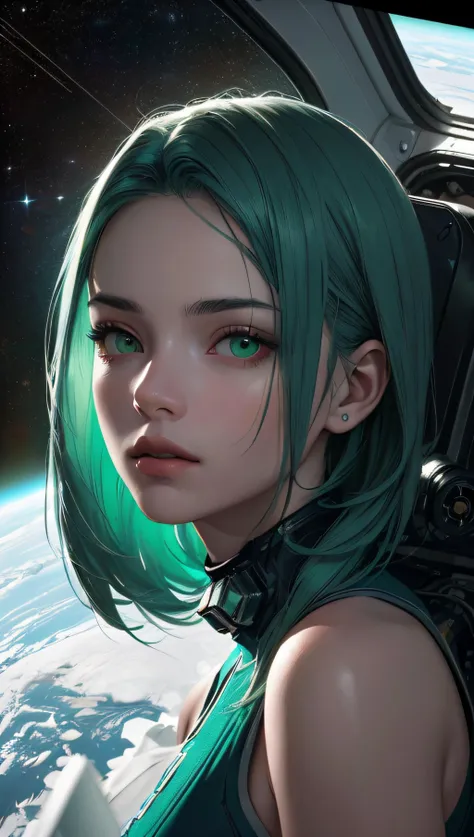 (best quality, masterpiece, perfect face, detailed simmetric iris, perfect smooth skin texture), epic realistic, long green hair, 18 years old girl, medium tits, astronaut on space, high contrast colors, (hi-top fade:1.3), dark theme, soothing tones, muted colors, high contrast, (hyperrealism, soft light, dramatic light, sharp, HDR)