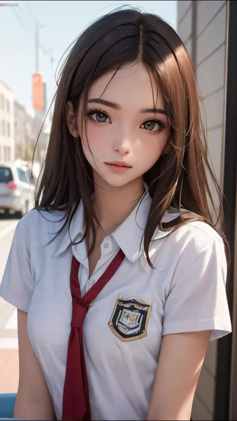 tween Emma Watson, (best quality), big headed, wearing a high school uniform, brunette colour hair, honeybee, White-black-red colour scheme, White headband, red plaid skirt, cute smile, school corridor.