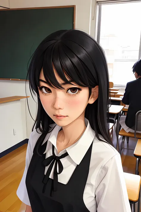 best quality, 1girl, asacsm, asa mitaka, close-up portrait, solo, school uniform, pinafore dress, ribbon, black hair, angry, femcel, <lora:AsaCSM1800:0.65>, classroom, kyoushitsu,  <lora:Gakkou_test4:0.5>