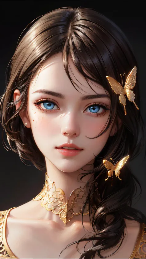 (Perfect face) 8k portrait of beautiful cyborg with brown hair, intricate, elegant, highly detailed, majestic, digital photography, art by artgerm and ruan jia and greg rutkowski surreal painting gold butterfly filigree, broken glass, (masterpiece, sidelighting, finely detailed beautiful eyes: 1.2), hdr, <lora:more_details:0.2>