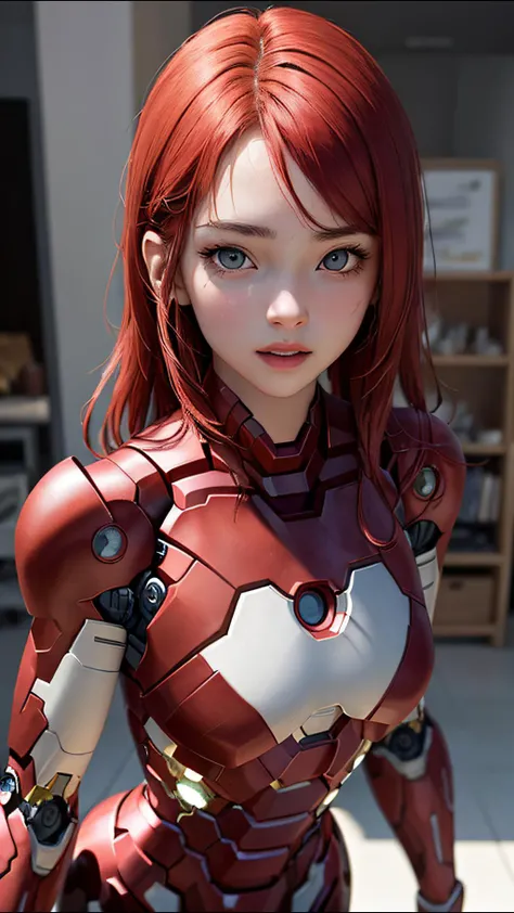 (best quality, masterpiece, perfect face) intense red hair, sexy 18 years old girl, medium tits, in ultra detailed luminiscent ironman suit, imminent laser beam from palm hand