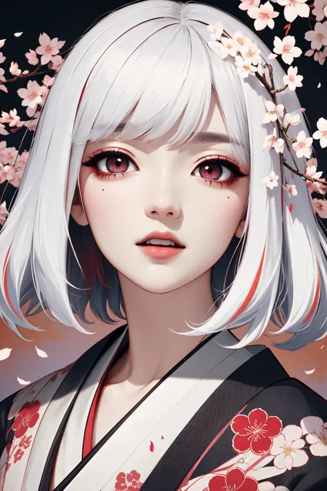 masterpiece, best quality, high contrast, sharp focus, tele angle, from below, esoteric, sharp, picture of a monster of nightmares, bilbical monster, picture of a scary monster, (nightmare:1.2), japanese horror, evil, strong colors, eyes focus, gold, red, detailed eyes, high detailed, attention to detail, white hair, blue background, kimono, cherry blossoms, (glitch art:1.4)