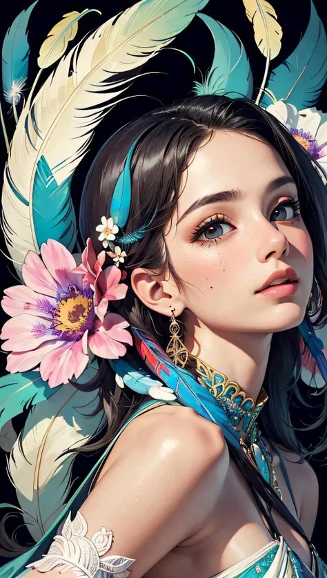 (masterpiece, top quality, best quality, official art, beautiful and aesthetic:1.2), (1girl:1.3), extremely detailed,(fractal art:1.1),(colorful:1.1)(flowers:1.3),highest detailed,(zentangle:1.2), (dynamic pose), (abstract background:1.3), (many colors:1.4), ,(earrings), (feathers:1.5)
