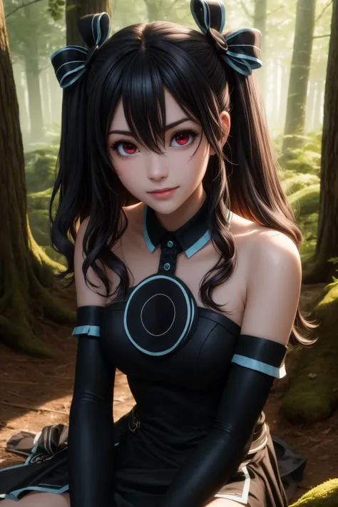 uni, 1girl, solo, red eyes, black hair, long hair, two side up, hair between eyes, hair ribbon,
black dress, sleeveless dress, ribbon, bare shoulders, black gloves, elbow gloves, fingerless gloves,
smile,closed mouth,cowboy shot, upper body, sitting,
forest,outdoor,
(insanely detailed, beautiful detailed face, masterpiece, best quality) cinematic lighting,<lora:Uni_v1:1>, <lora:more_details:0.3>,