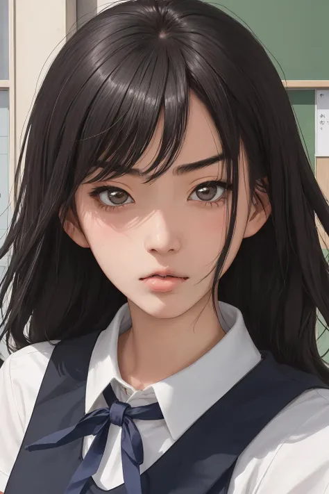 best quality, 1girl, asacsm, asa mitaka, close-up portrait, solo, school uniform, pinafore dress, ribbon, black hair, angry, femcel, lip biting, <lora:AsaCSM1800:0.6>, classroom, kyoushitsu,  <lora:Gakkou_test4:0.5>