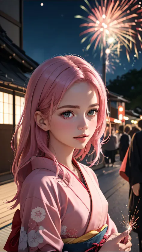 (ultra realistic, best quality, masterpiece, perfect face) pink hair, 18 years old girl, flirting on camera, in traditional japanese kimono, night, kyoto, fireworks