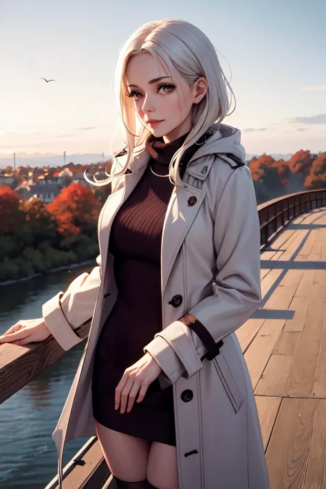 middle-aged english woman standing on a bridge looking over the edge. dawn, autumnal. volumetric light. cold, overcoat.