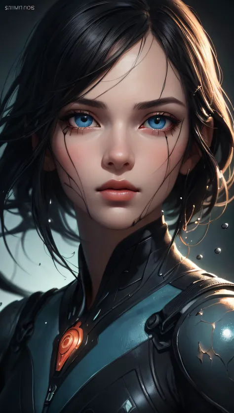 (best quality, masterpiece, perfect face, detailed simmetric eyes, perfect smooth skin texture) a girl, illustration, cover art, (black:1.2), portrait , coral background, splash, (soft light, dramatic light, sharp, HDR)