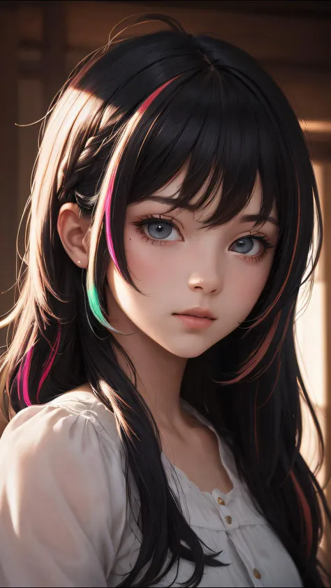 portrait, (masterpiece:1.1), (highest quality:1.1), (HDR:1.0), girl with really wild hair, multicolored hairlighting, (from front:0.6),