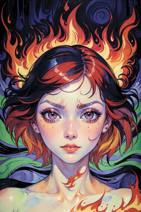 (best quality, masterpiece, perfect face, detailed simmetric eyes, perfect smooth skin texture), (fauvism art:1.4), woman with flaming hair and a fierce expression, (full of hate expression:1), sparking fire red eyes, dark lava theme, colorful, visually stunning, beautiful, gorgeous, emotional, intricate, perferct shading