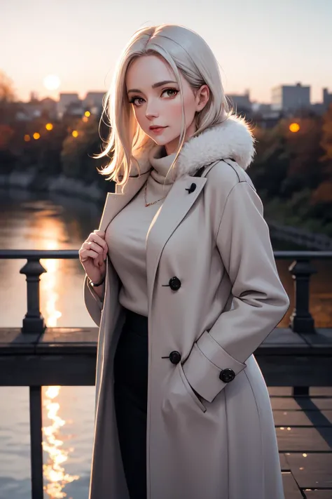 middle-aged english woman standing on a bridge looking over the edge. dawn, autumnal. volumetric light. cold, overcoat. 35mm f/1.8 bokeh, shallow depth of field.