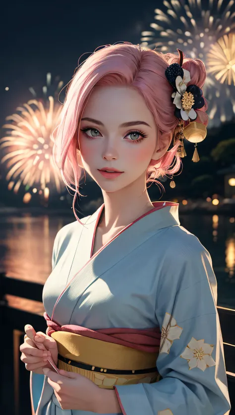(ultra realistic, best quality, masterpiece, perfect face) pink hair, 18 years old girl, flirting on camera, in traditional japanese blue and gold kimono, detailed textures kimono, night, kyoto, fireworks