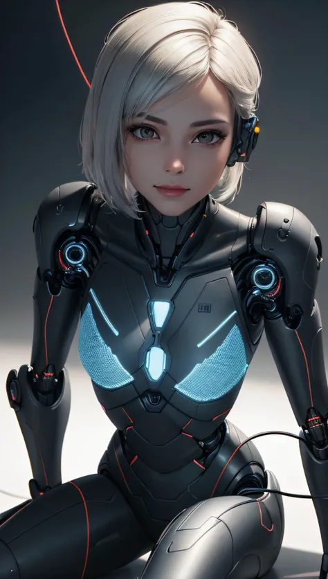 (best quality, masterpiece, perfect face, detailed simmetric iris, perfect smooth skin texture), complex 3d render ultra detailed of a beautiful android girl, cute smiling face, cyborg, bobbed haircut, robotic parts, vibrant details, luxurious cyberpunk, lace, cable electric wires, microchip, elegant, beautiful background, octane render, 8k, extremely detailed, CG, unity, wallpaper, robot, full body, sitting, high contrast colors, (hi-top fade:1.3), dark theme, soothing tones, muted colors, (hyper realism, soft light, dramatic light, sharp, HDR)