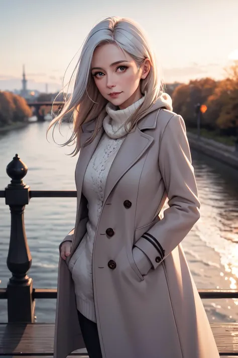 middle-aged english woman standing on a bridge looking over the edge. dawn, autumnal. volumetric light. cold, overcoat. 35mm f/1.8 bokeh, shallow depth of field.