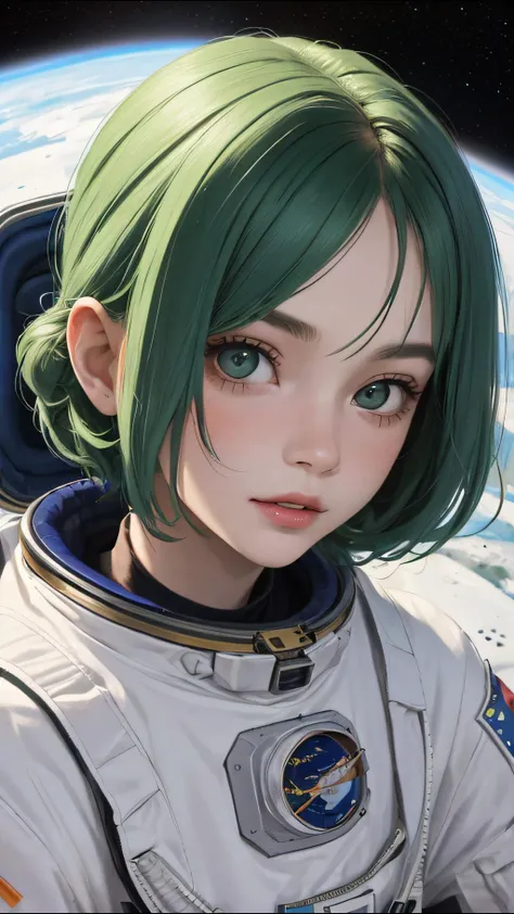(best quality, masterpiece, perfect face) green hair, 18 years old girl, medium tits, astronaut on space