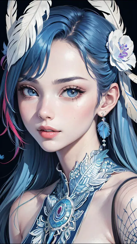(perfect face, masterpiece, top quality, best quality, official art, beautiful and aesthetic:1.2), (1girl:1.3), extremely detailed,(fractal art:1.1),(colorful:1.1)(flowers:1.3),highest detailed,(zentangle:1.2), (dynamic pose), (abstract background:1.3), (many colors:1.4), ,(earrings), (feathers:1.5)
