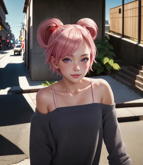 wdhemu, 1girl, solo, pink eyes, pink hair, short hair, (flower battleground, twilight light:0.83), collarbone, eyeshadow, masterpiece, best quality, close up, looking at viewer, happy