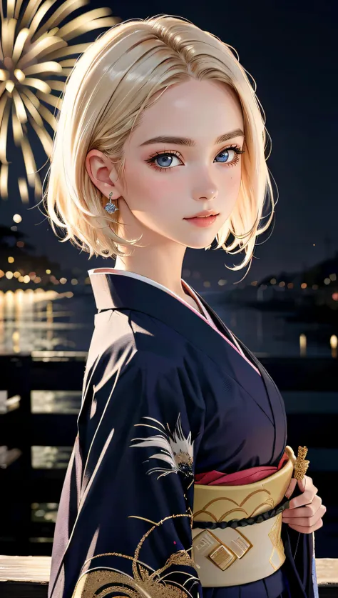 (best quality, masterpiece, colorful, dynamic angle, highest detailed) Realistic photo, fashion photography of a cute European girl with iridiscent blonde hair, flirting with POV, in traditional japanese gold&black kimono, ultra detailed kimono textures, perfect night, kyoto, fireworks, (intricate details, hyperdetailed:1.15), detailed, moonlight passing through hair, (official art, extreme detailed, highest detailed), HDR+