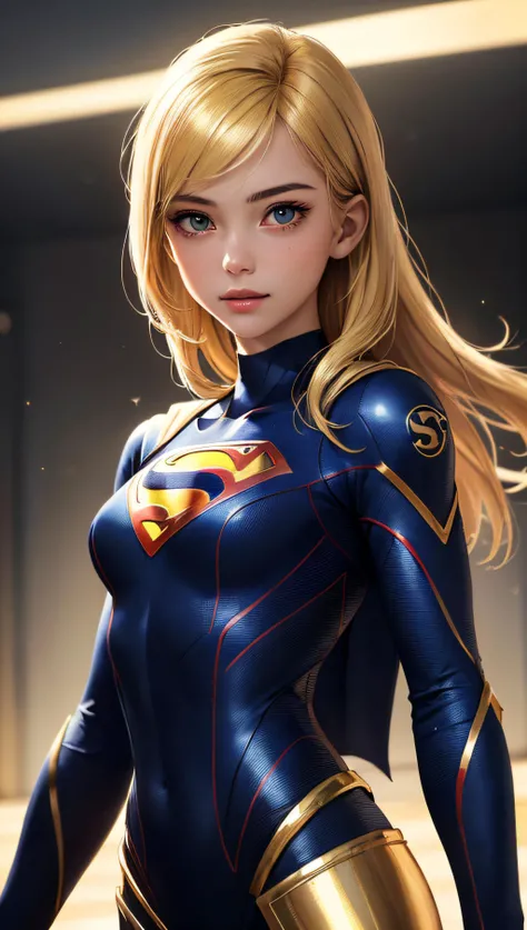 (best quality, masterpiece, perfect face) beautiful golden hair, 18 years old girl, medium tits, super girl suit cosplay (glowing S symbol), flirting on camera