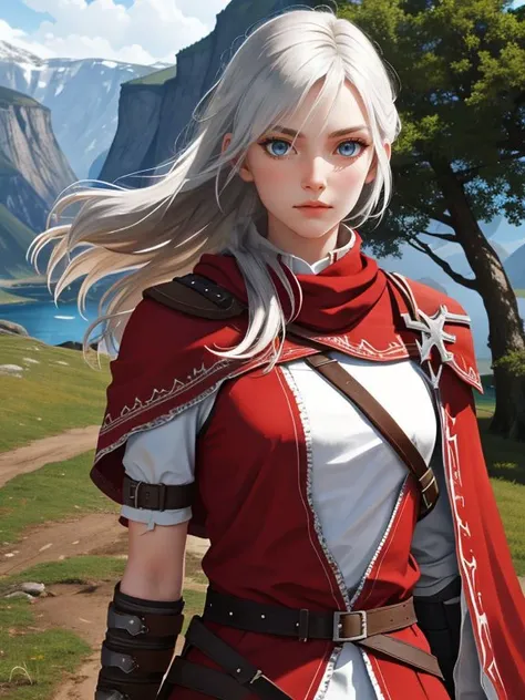 (bloody scars:0.7), looking up, solo, half shot, detailed background, nature, evergreens, Scandinavia, <lyco:CulturePunkBundle-000007:0.5>, vikingpunkai, nordic viking theme, assassins creed, assassin, hidden wrist-blade, gray tattered leather assassin clothes, cape, straps, rebel, dynamic pose, rural landscape in background, floating particles, dirt, wind,