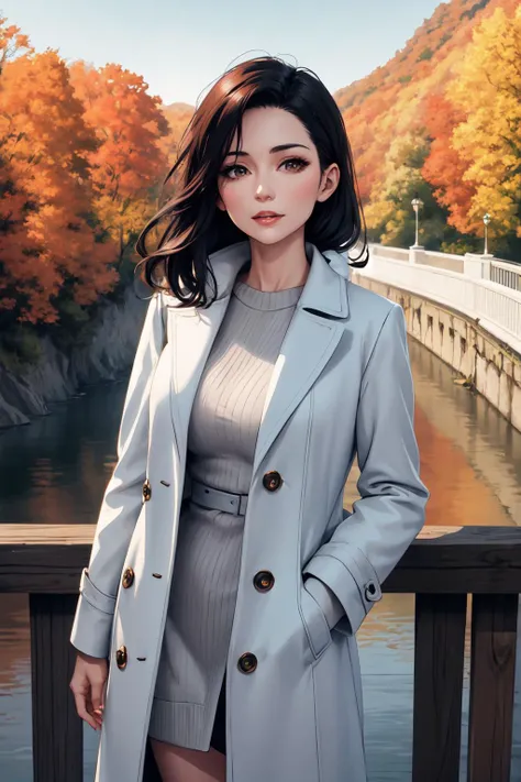 middle-aged english woman standing on a bridge looking over the edge. dawn, autumnal. volumetric light. cold, overcoat.