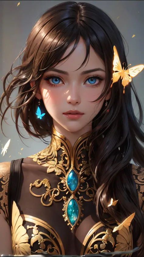 (Perfect face) 8k portrait of beautiful cyborg with brown hair, intricate, elegant, highly detailed, majestic, digital photography, art by artgerm and ruan jia and greg rutkowski surreal painting gold butterfly filigree, broken glass, (masterpiece, sidelighting, finely detailed beautiful eyes: 1.2), hdr, <lora:more_details:0.2>