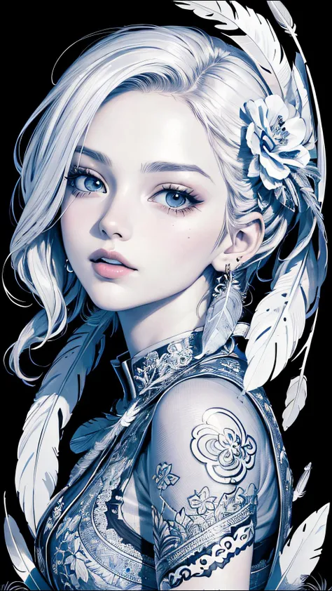 (perfect face, masterpiece, top quality, best quality, official art, beautiful and aesthetic:1.2), (1girl:1.3), extremely detailed,(fractal art:1.1),(colorful:1.1)(flowers:1.3),highest detailed,(zentangle:1.2), (dynamic pose), (abstract background:1.3), (many colors:1.4), ,(earrings), (feathers:1.5)