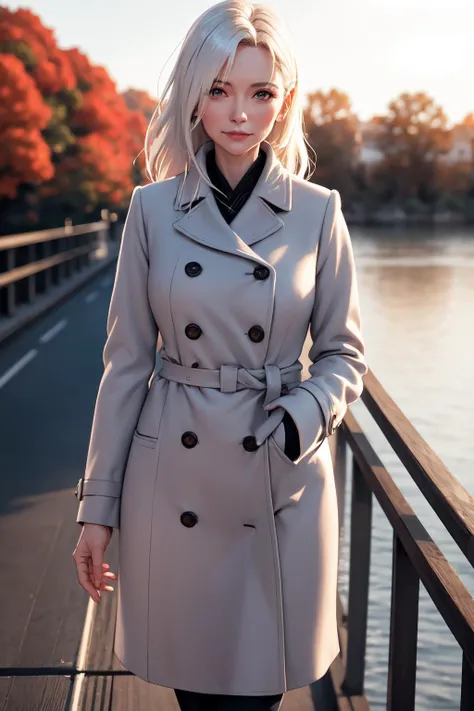 middle-aged english woman standing on a bridge looking over the edge. dawn, autumnal. volumetric light. cold, overcoat. 35mm f/1.8 bokeh, shallow depth of field.