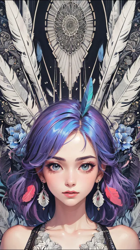 (perfect face, masterpiece, top quality, best quality, official art, beautiful and aesthetic:1.2), (1girl:1.3), extremely detailed,(fractal art:1.1),(colorful:1.1)(flowers:1.3),highest detailed,(zentangle:1.2), (dynamic pose), (abstract background:1.3), (many colors:1.4), ,(earrings),  (feathers:1.5)