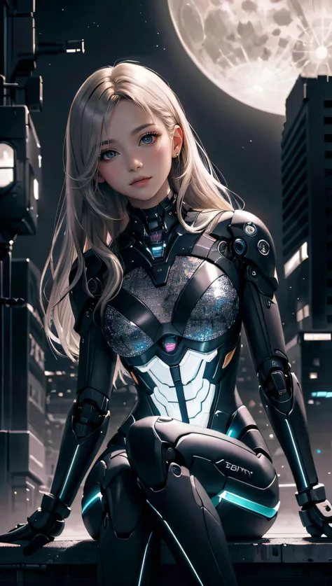(best quality, masterpiece, colorful, dynamic angle, highest detailed)upper body photo, full body photo, fashion photography of cute 1girl, mechanical arms, cyborg, dark mood, dystopia, glowing, looking at viewer, sitting, long hair, bokeh (intricate details, hyperdetailed:1.15), detailed, moonlight passing through hair, (official cyberpunk art, extreme detailed, highest detailed), HDR+