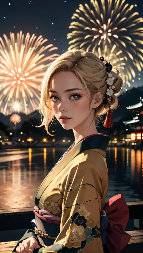 (best quality, masterpiece, colorful, dynamic angle, highest detailed) Realistic photo, fashion photography of a cute European girl with iridiscent blonde hair, flirting with POV, in traditional japanese gold&black kimono, ultra detailed kimono textures, perfect night, kyoto, fireworks, (intricate details, hyperdetailed:1.15), detailed, moonlight passing through hair, (official art, extreme detailed, highest detailed), HDR+